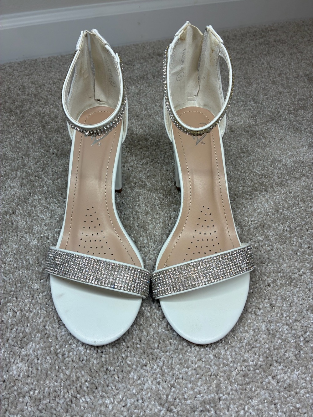 TOP Moda White Ankle-Strap Block Heels with Rhinestone Straps